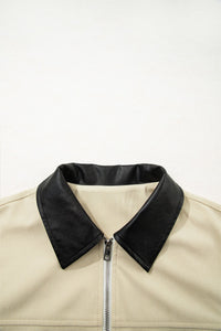 Light Beige Faux Black Leather Collar Zip Up Corduroy Jacket
