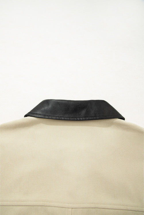 Light Beige Faux Black Leather Collar Zip Up Corduroy Jacket