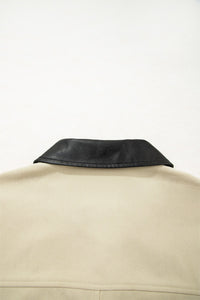 Light Beige Faux Black Leather Collar Zip Up Corduroy Jacket