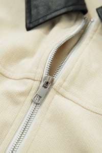 Light Beige Faux Black Leather Collar Zip Up Corduroy Jacket