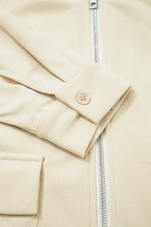 Light Beige Faux Black Leather Collar Zip Up Corduroy Jacket