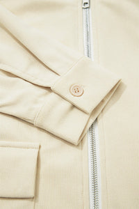 Light Beige Faux Black Leather Collar Zip Up Corduroy Jacket