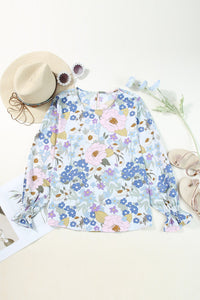 Blue Pink Lavender Floral Ruffled Long Sleeve Blouse