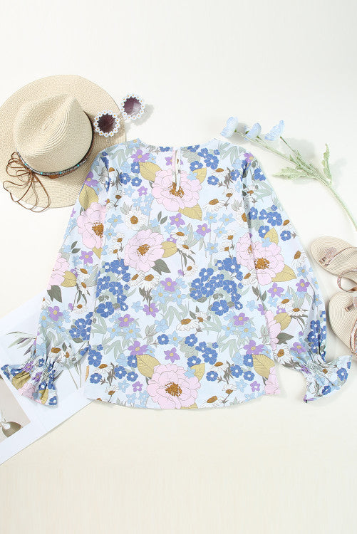 Blue Pink Lavender Floral Ruffled Long Sleeve Blouse
