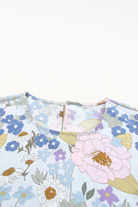 Blue Pink Lavender Floral Ruffled Long Sleeve Blouse