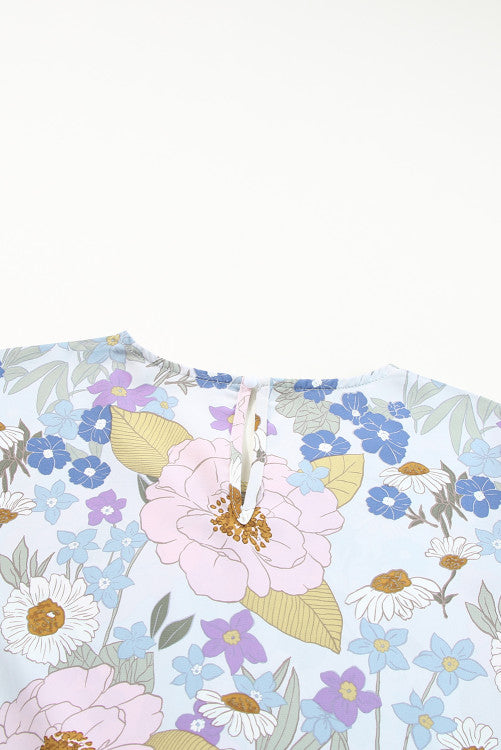 Blue Pink Lavender Floral Ruffled Long Sleeve Blouse