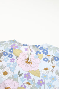 Blue Pink Lavender Floral Ruffled Long Sleeve Blouse