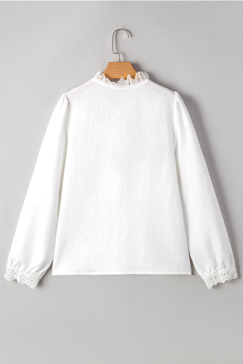 White Lace Trim Button Up Textured Blouse