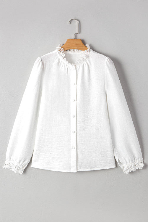 White Lace Trim Button Up Textured Blouse