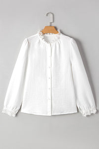 White Lace Trim Button Up Textured Blouse