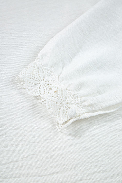 White Lace Trim Button Up Textured Blouse