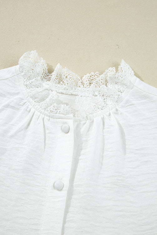 White Lace Trim Button Up Textured Blouse