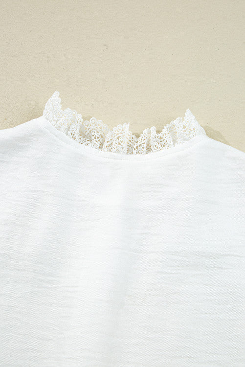 White Lace Trim Button Up Textured Blouse