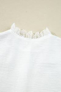 White Lace Trim Button Up Textured Blouse