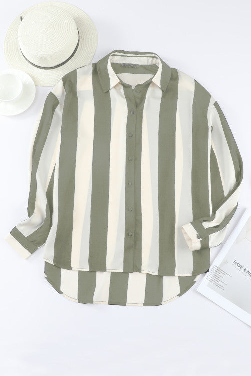 Sage & White Striped Relaxed Hi Lo Button Up Shirt