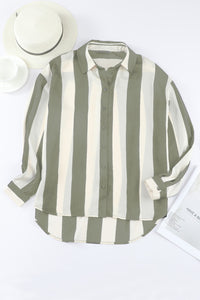 Sage & White Striped Relaxed Hi Lo Button Up Shirt
