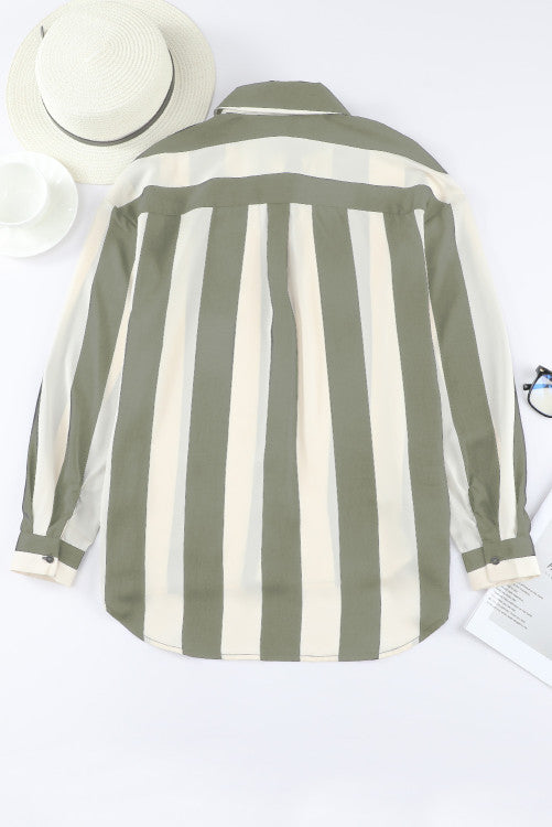 Sage & White Striped Relaxed Hi Lo Button Up Shirt