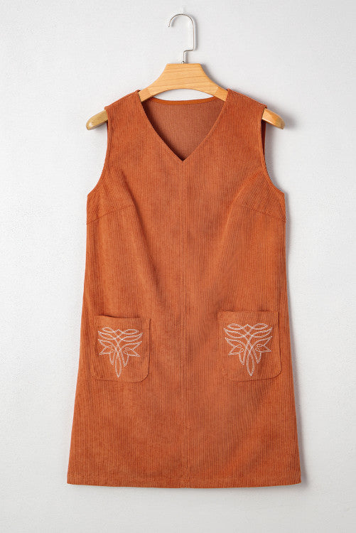 Rust Corduroy Western Embroidered Pocket Shift Sleeveless Mini Dress