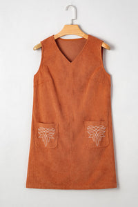 Rust Corduroy Western Embroidered Pocket Shift Sleeveless Mini Dress