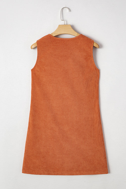 Rust Corduroy Western Embroidered Pocket Shift Sleeveless Mini Dress