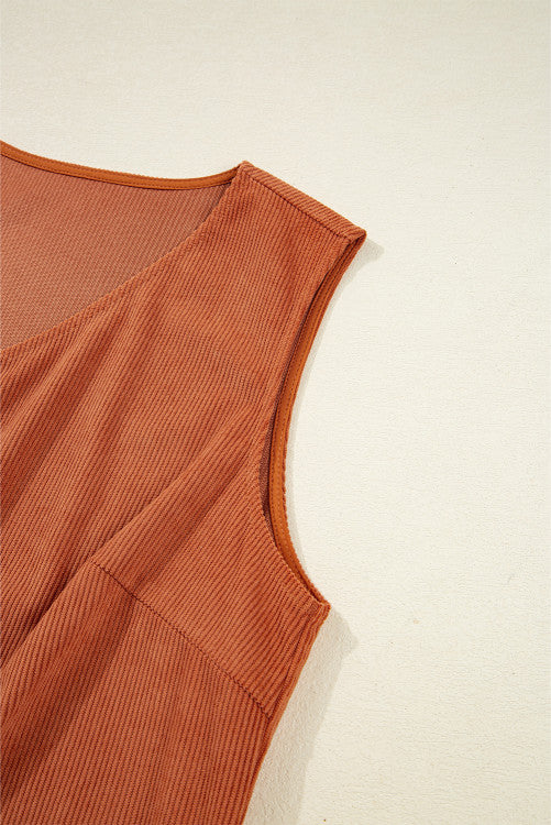 Rust Corduroy Western Embroidered Pocket Shift Sleeveless Mini Dress