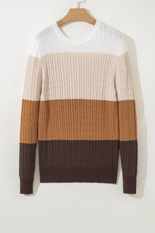 Khaki and Brown Colorblock Cable Knit Cotton Crew Neck Sweater