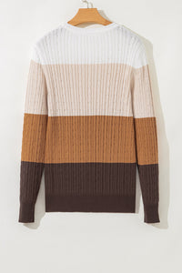 Khaki and Brown Colorblock Cable Knit Cotton Crew Neck Sweater