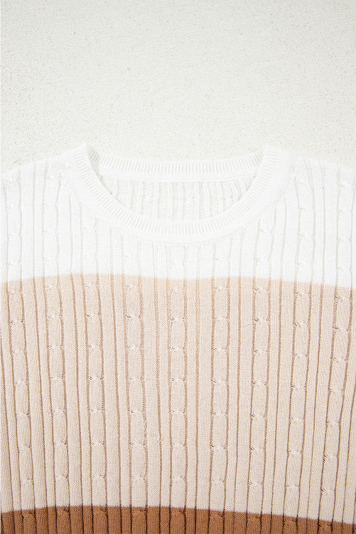 Khaki and Brown Colorblock Cable Knit Cotton Crew Neck Sweater