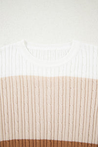 Khaki and Brown Colorblock Cable Knit Cotton Crew Neck Sweater