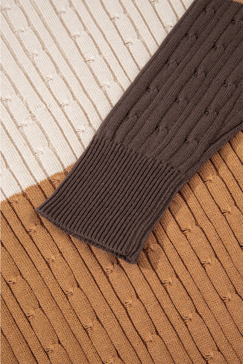 Khaki and Brown Colorblock Cable Knit Cotton Crew Neck Sweater