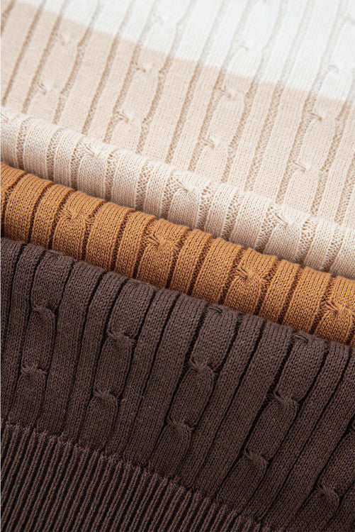 Khaki and Brown Colorblock Cable Knit Cotton Crew Neck Sweater