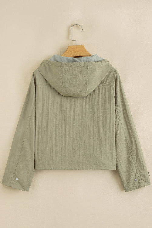 Light Olive Green Cropped Zip Up Hooded Utility Jacket