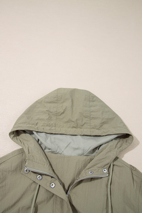 Light Olive Green Cropped Zip Up Hooded Utility Jacket