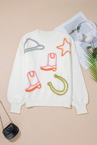 Green and Orange Tinsel Western Horseshoe and Boots Accented White Sweater