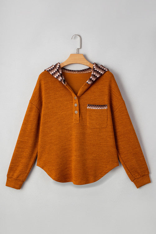 Rust Diamond Pattern Chest Pocket Hooded Henley Top
