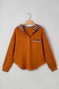 Rust Diamond Pattern Chest Pocket Hooded Henley Top