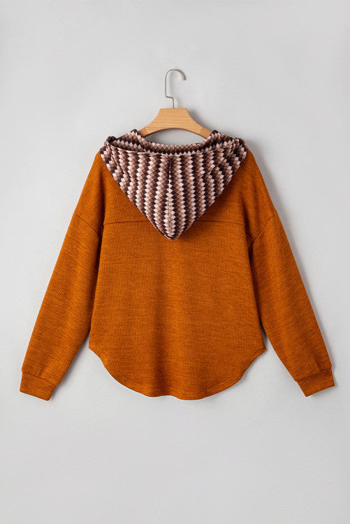 Rust Diamond Pattern Chest Pocket Hooded Henley Top