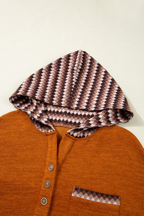 Rust Diamond Pattern Chest Pocket Hooded Henley Top