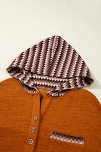 Rust Diamond Pattern Chest Pocket Hooded Henley Top