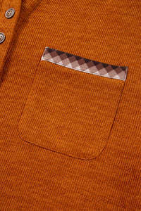 Rust Diamond Pattern Chest Pocket Hooded Henley Top
