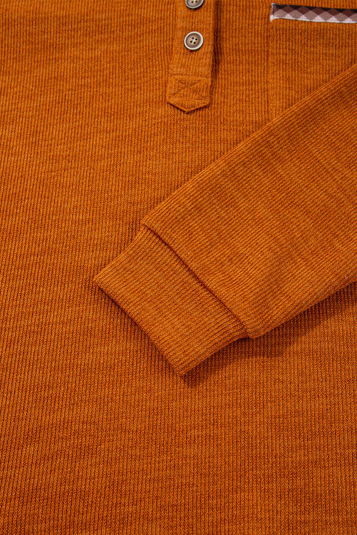 Rust Diamond Pattern Chest Pocket Hooded Henley Top