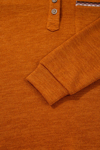 Rust Diamond Pattern Chest Pocket Hooded Henley Top