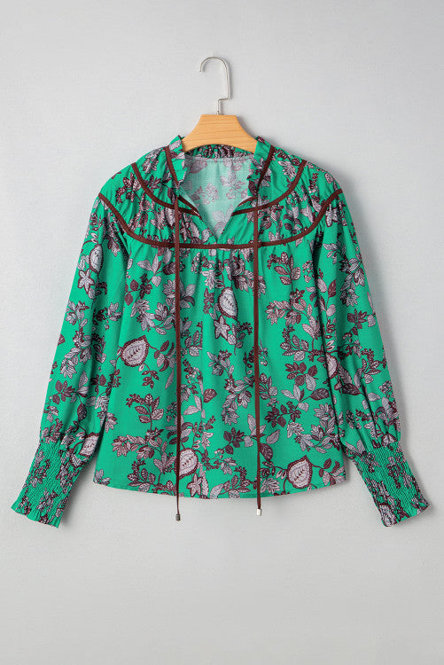 Green and Black Floral V-Neck Brown Trim Long Sleeve Blouse