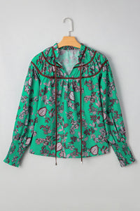 Green and Black Floral V-Neck Brown Trim Long Sleeve Blouse