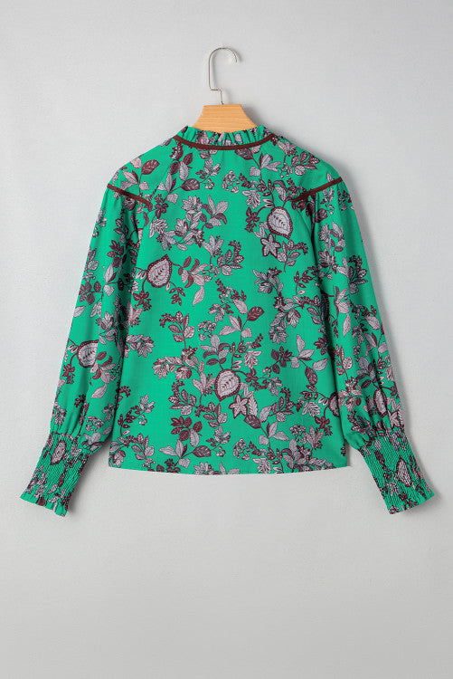 Green and Black Floral V-Neck Brown Trim Long Sleeve Blouse
