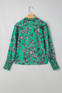 Green and Black Floral V-Neck Brown Trim Long Sleeve Blouse