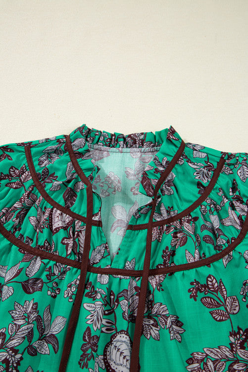 Green and Black Floral V-Neck Brown Trim Long Sleeve Blouse