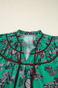 Green and Black Floral V-Neck Brown Trim Long Sleeve Blouse