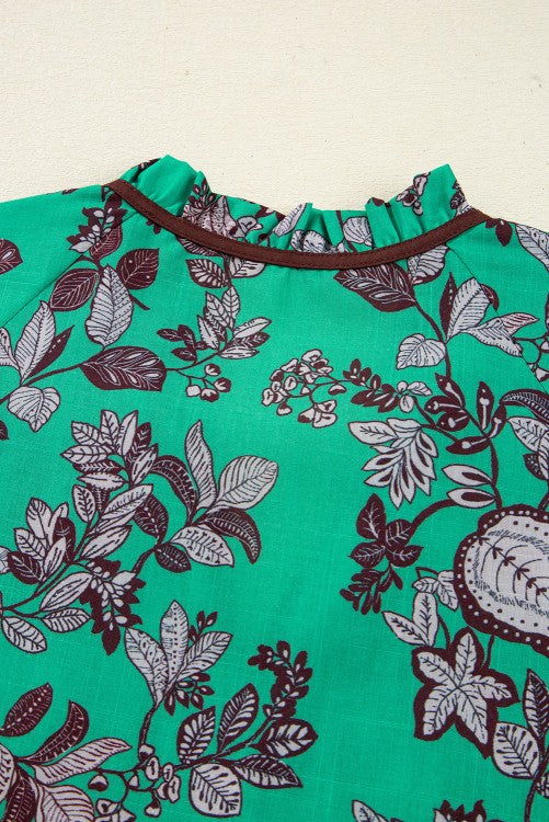Green and Black Floral V-Neck Brown Trim Long Sleeve Blouse