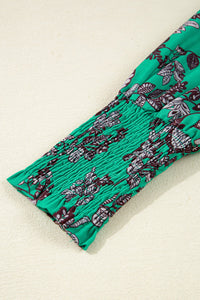 Green and Black Floral V-Neck Brown Trim Long Sleeve Blouse